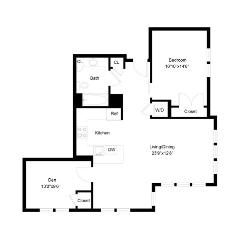 Floor plan for 1 bed, 1 bath, 894 sqft